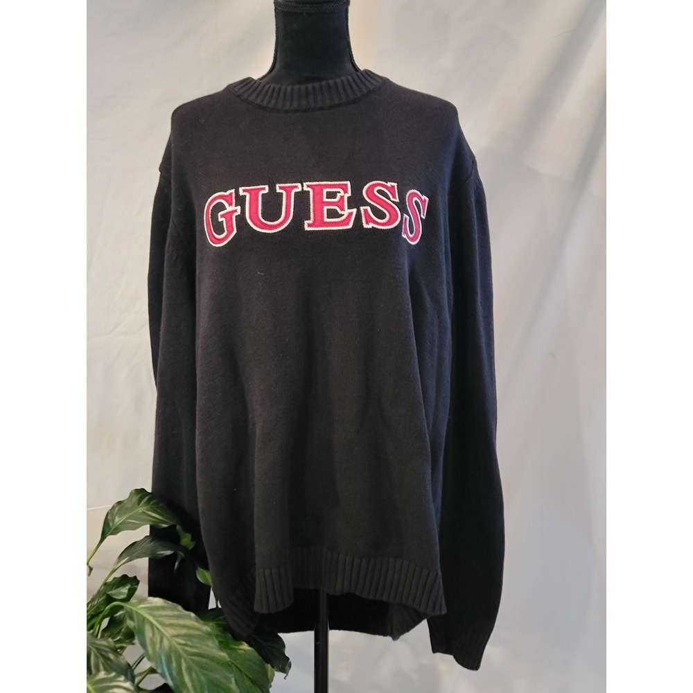 Guess Los Angeles Mens XXL Black Crewneck Sweater Red Embroidered Logo Pullover